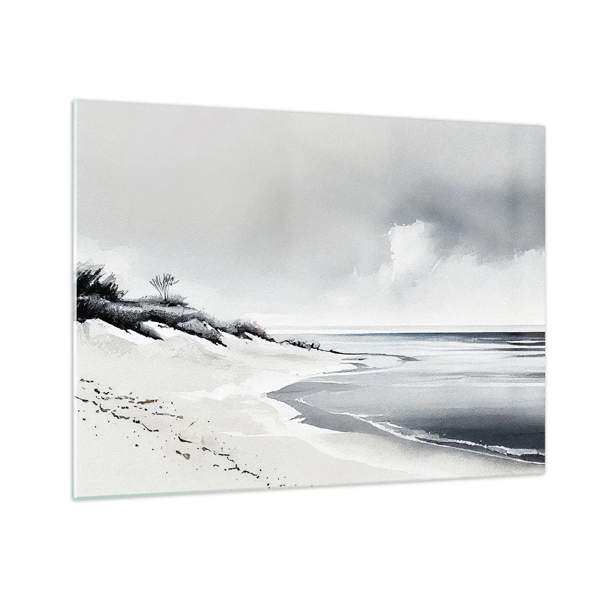 Obraz na skle - Čiernobiela pláž s horizontom a pokojným morom - 70x50cm - Vždy spolu - Moderná nástenná dekorácia do obývacej izby a spálne ARTTOR