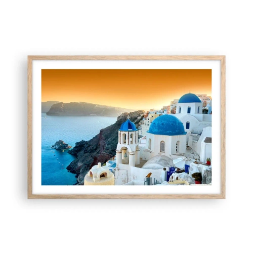 Plagát v ráme zo svetlého duba - Santorini - v náruči skál - 70x50 cm