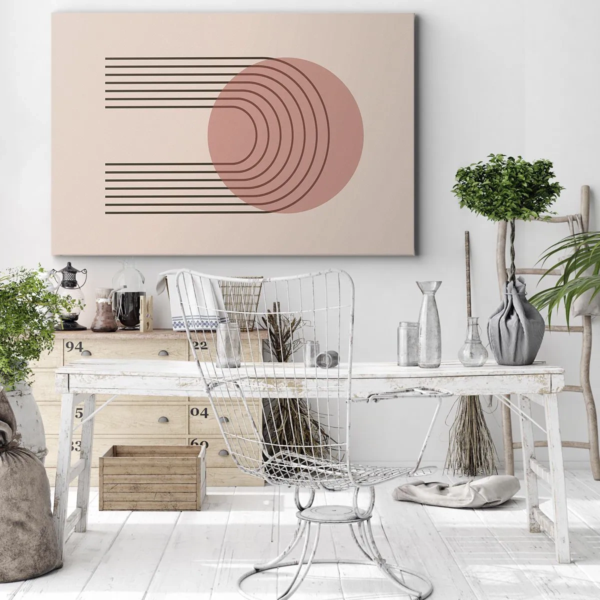 Obraz na plátne - Abstraktný motív s ružovým kruhom a čiarami - 70x50cm - Neodolateľná príťažlivosť - Moderná nástenná dekorácia do obývacej izby a spálne ARTTOR