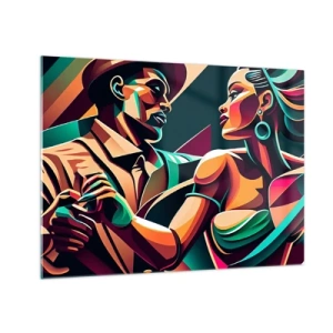 Obraz na skle - Farebný pár tancujúci v štýle art deco s dynamickým výrazom. - 70x50cm - V rytme srdca - Moderná nástenná dekorácia do obývacej izby a spálne ARTTOR