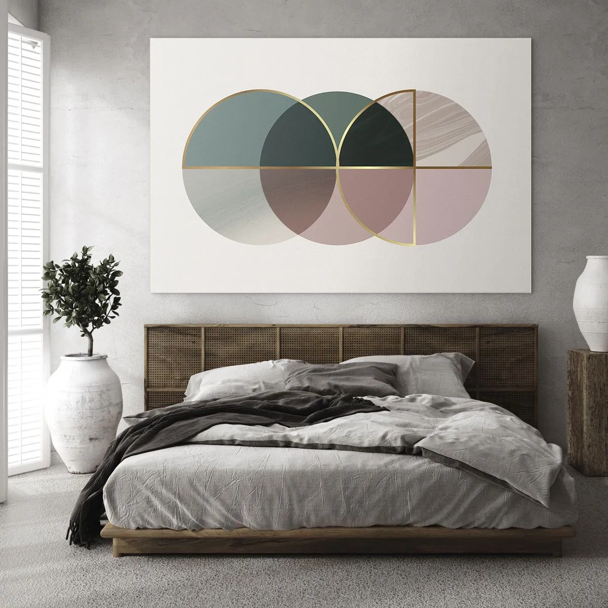 Obraz na skle - Geometrické tvary s odtieňmi zelenej a ružovej na svetlom pozadí - 70x50cm - Kolesá… - Moderná nástenná dekorácia do obývacej izby a spálne ARTTOR