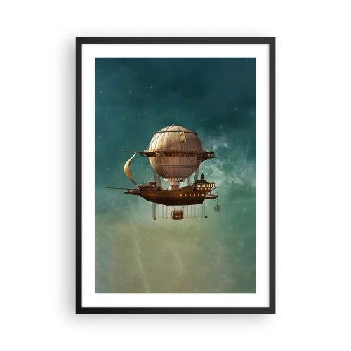 Plagát v čiernom ráme - Fantastická vzducholoď vznášajúca sa medzi hviezdami - 50x70cm - Julius Verne pozdravuje - Moderná nástenná dekorácia do obývacej izby a spálne ARTTOR