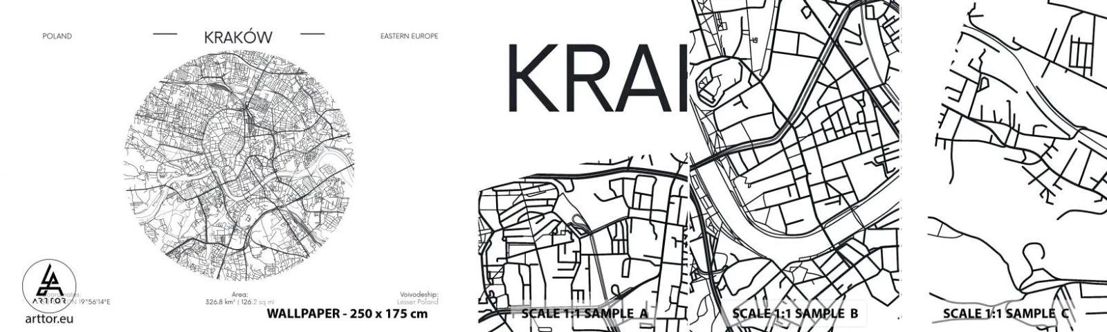 Vzorka samolepiacej fototapety Deluxe Sticker - Anatómia Krakova - Mapa, Krakov, Poľsko - 100x30 cm