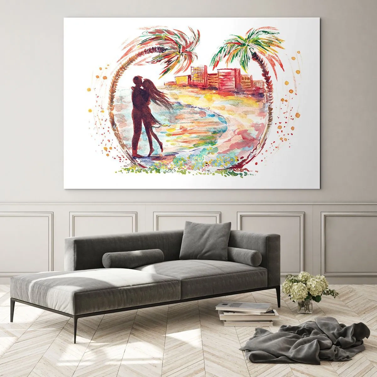 Obraz na skle - Romantický pár v tropickom prostredí s palmami - 70x50cm - Romantické prázdniny - Moderná nástenná dekorácia do obývacej izby a spálne ARTTOR