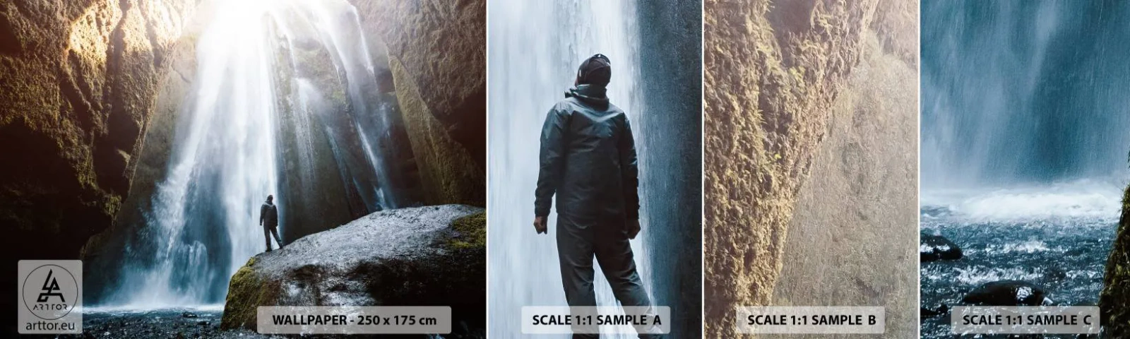 Vzorka samolepiacej fototapety Deluxe Sticker - Obnovenie proporcie - Vodopád, Skaly, Jaskyňa - 100x30 cm