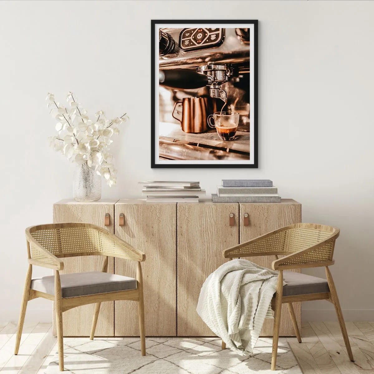 Plagát v čiernom ráme - Aromatické espresso z espresso kávovaru - 50x70cm - Jas kávy - Moderná nástenná dekorácia do obývacej izby a spálne ARTTOR