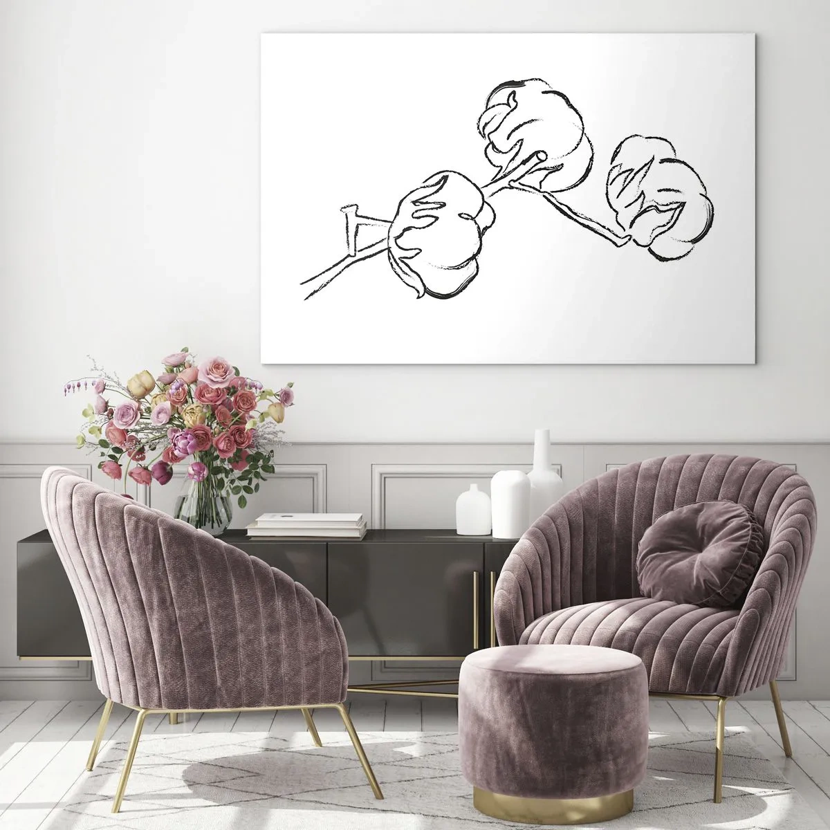 Obraz na skle - Minimalistická skica bavlníkovej vetvy čiernymi čiarami. - 70x50cm - Bavlnené páperie - Moderná nástenná dekorácia do obývacej izby a spálne ARTTOR
