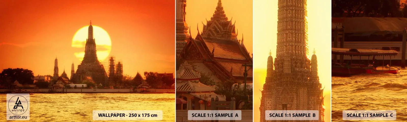 Vzorka samolepiacej fototapety Deluxe Sticker - K slnku, vždy k slnku - Bangkok, Chrám úsvitu, Thajsko - 100x30 cm