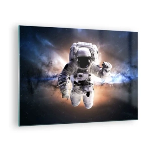 Obraz na skle - Astronaut vo vesmíre s galaxiou v pozadí - 70x50cm - Pozdravy z vesmíru - Moderná nástenná dekorácia do obývacej izby a spálne ARTTOR