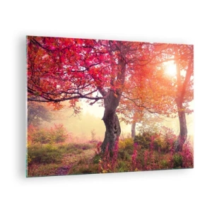 Obraz na skle - Jesenný les s rannými slnečnými lúčmi - 70x50cm - Šialenstvo rozkvetu - Moderná nástenná dekorácia do obývacej izby a spálne ARTTOR