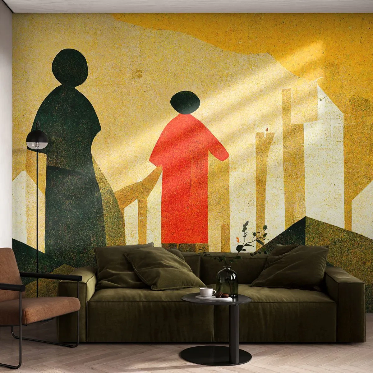 Fototapeta Standard Eco - Geometrické útvary na pozadí žltých kopcov a stĺpov - 100x70cm - Ešte veľmi ďaleko - Moderná nástenná dekorácia do obývacej izby a spálne ARTTOR