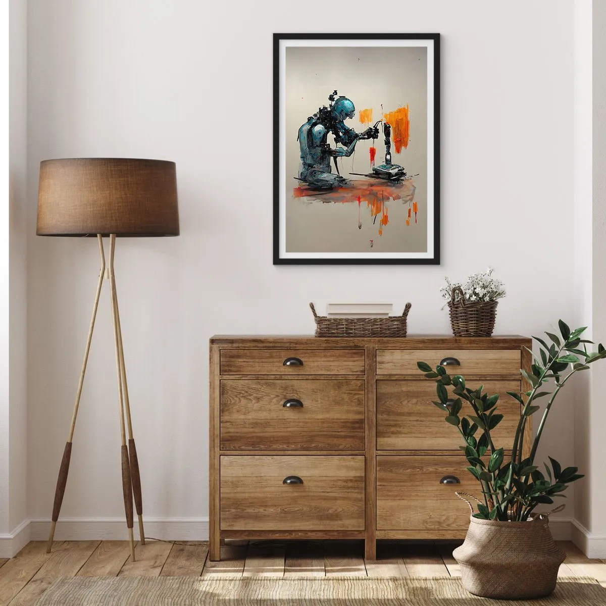 Plagát v čiernom ráme - Kybernetický robot pri tvorbe umenia. - 50x70cm - Už zajtra… - Moderná nástenná dekorácia do obývacej izby a spálne ARTTOR