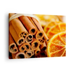 Obraz na plátne - Škoricové tyčinky so sušenými plátkami pomaranča v teplých farbách - 70x50cm - Cítite ich arómu? - Moderná nástenná dekorácia do obývacej izby a spálne ARTTOR