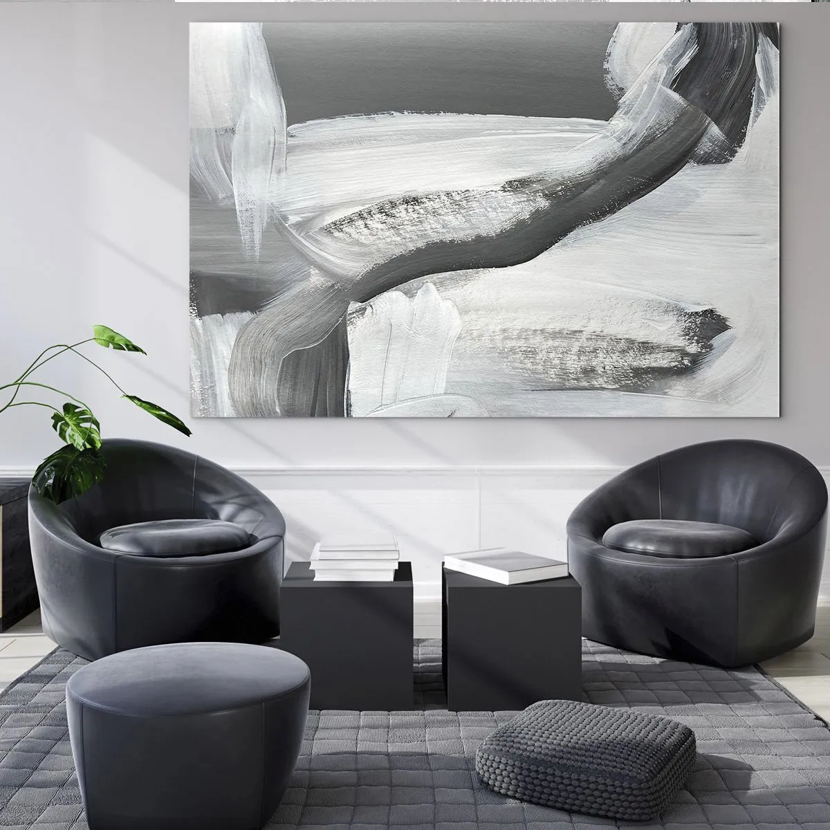 Obraz na skle - Čiernobiela abstrakcia s dynamickými ťahmi štetcom. - 70x50cm - Pevným pohybom - Moderná nástenná dekorácia do obývacej izby a spálne ARTTOR