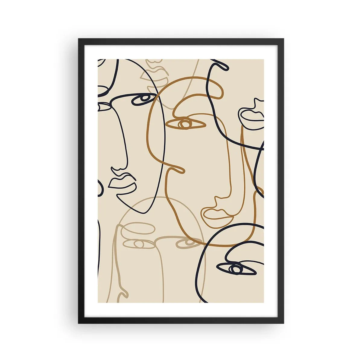 Plagát v čiernom ráme - Minimalistické kresby tvárí na béžovom pozadí - 50x70cm - Portrét znásobený - Moderná nástenná dekorácia do obývacej izby a spálne ARTTOR