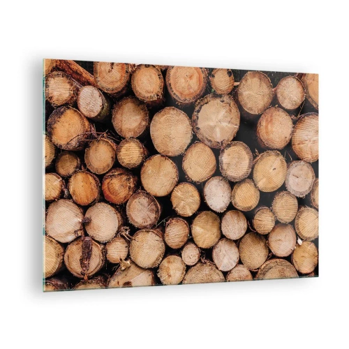 Obraz na skle - Vertikálne usporiadané kmene stromov s viditeľnými letokruhmi - 70x50cm - Nový začiatok - Moderná nástenná dekorácia do obývacej izby a spálne ARTTOR