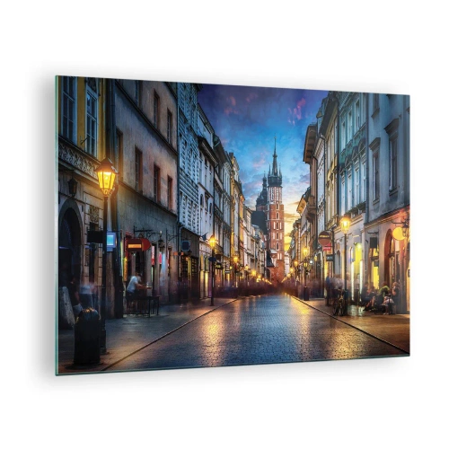 Obraz na skle - Večerný pohľad na staré mesto s kostolom v pozadí - 70x50cm - Krakovský pôvab - Moderná nástenná dekorácia do obývacej izby a spálne ARTTOR