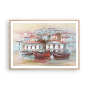 Plagát v ráme zo svetlého duba - Šťastné mestečko - 100x70 cm