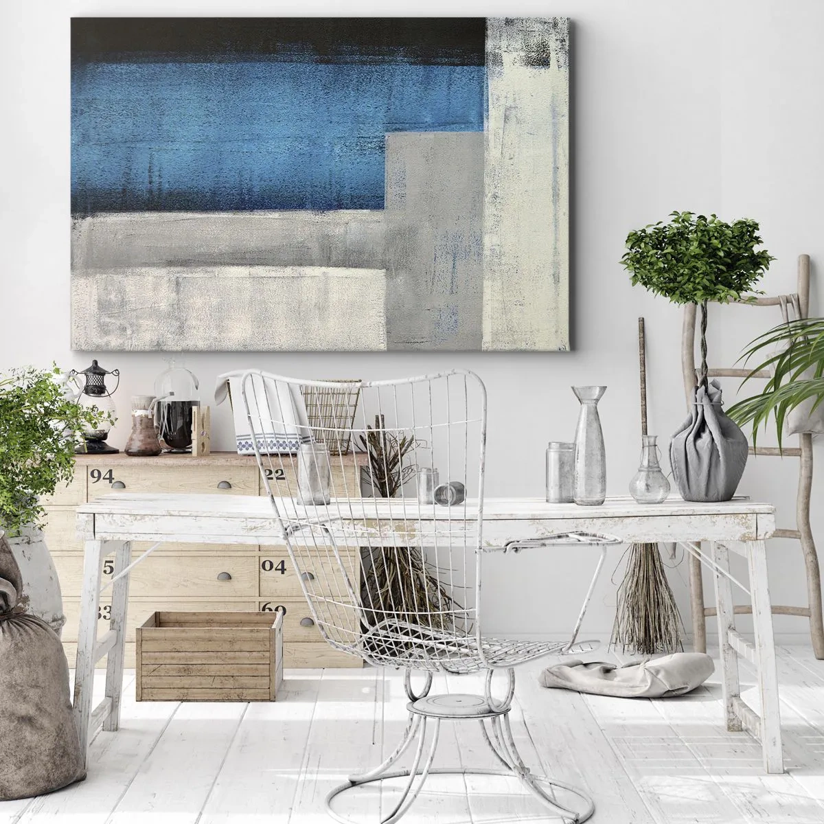 Obraz na plátne - Abstraktná kompozícia s odtieňmi modrej, sivej a bielej. - 70x50cm - Poetická kompozícia šedej a modrej - Moderná nástenná dekorácia do obývacej izby a spálne ARTTOR