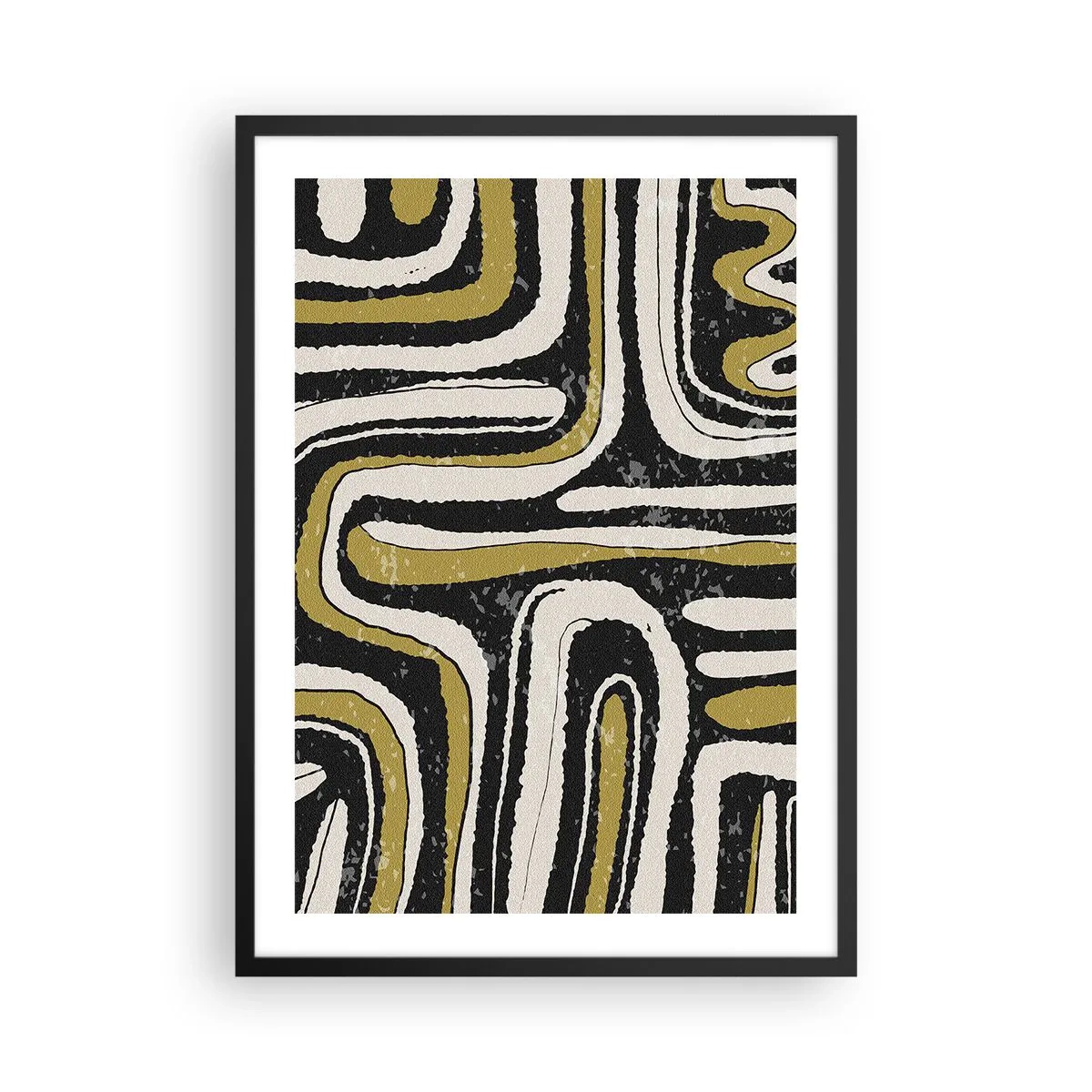 Plagát v čiernom ráme - Geometrická abstrakcia v čiernej, béžovej a zlatej farbe - 50x70cm - Kompozícia: trakty a uličky - Moderná nástenná dekorácia do obývacej izby a spálne ARTTOR