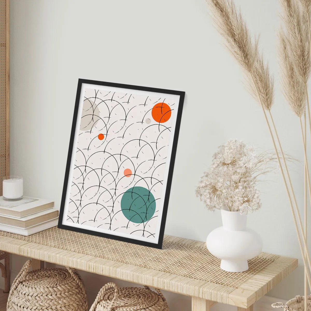 Plagát v čiernom ráme - Moderná geometrická abstrakcia s farebnými akcentmi - 50x70cm - V duchu pop-artu - Moderná nástenná dekorácia do obývacej izby a spálne ARTTOR