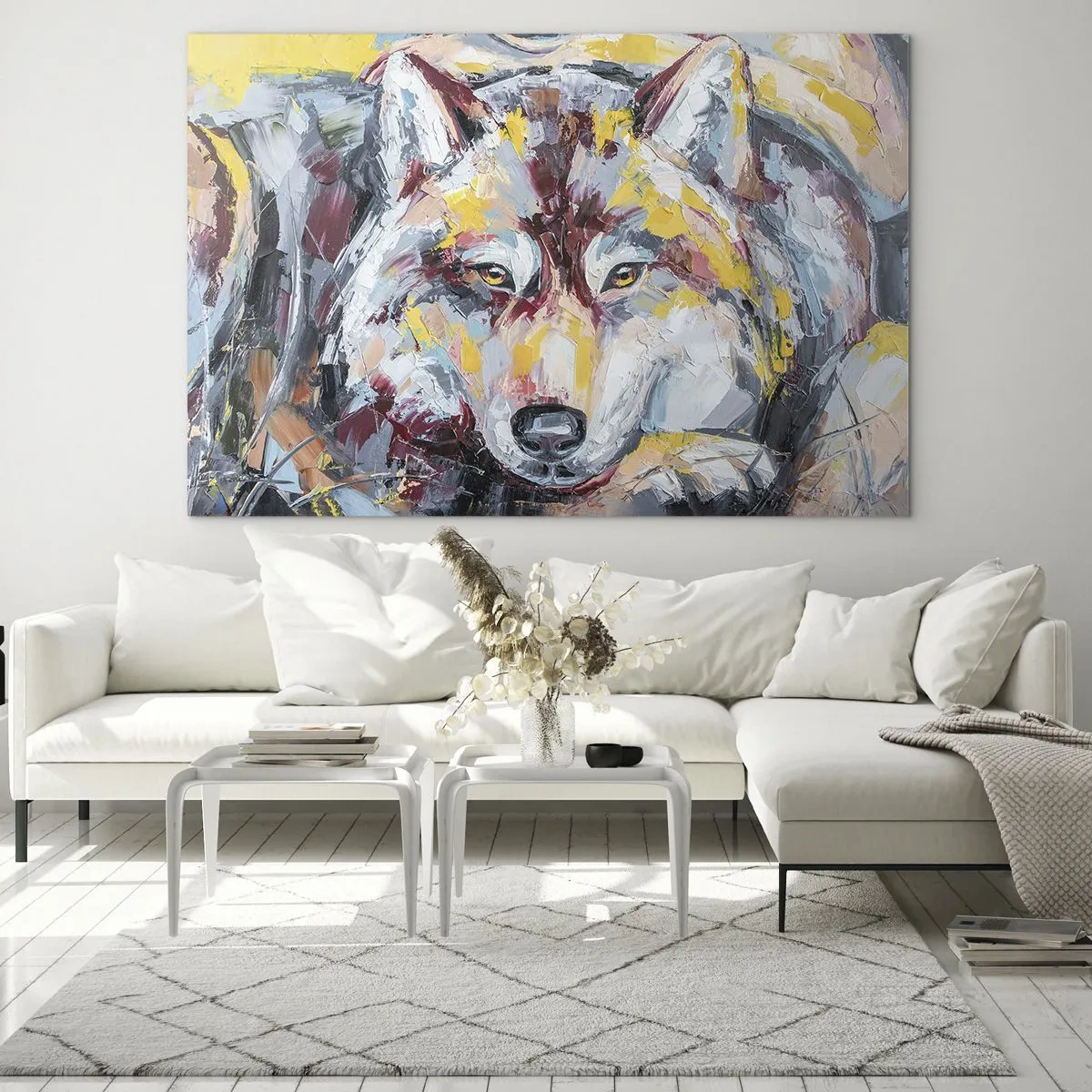 Obraz na skle - Farebný portrét vlka v expresionistickom štýle - 70x50cm - Pokoj medzi blízkymi - Moderná nástenná dekorácia do obývacej izby a spálne ARTTOR