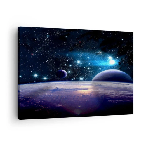 Obraz na plátne - Pohľad na vesmír s planétami a hviezdami - 70x50cm - Stále sami? - Moderná nástenná dekorácia do obývacej izby a spálne ARTTOR