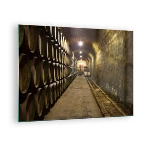 Obraz na skle - Vínna pivnica s radmi sudov - 70x50cm - Je dobré si oddýchnuť - Moderná nástenná dekorácia do obývacej izby a spálne ARTTOR