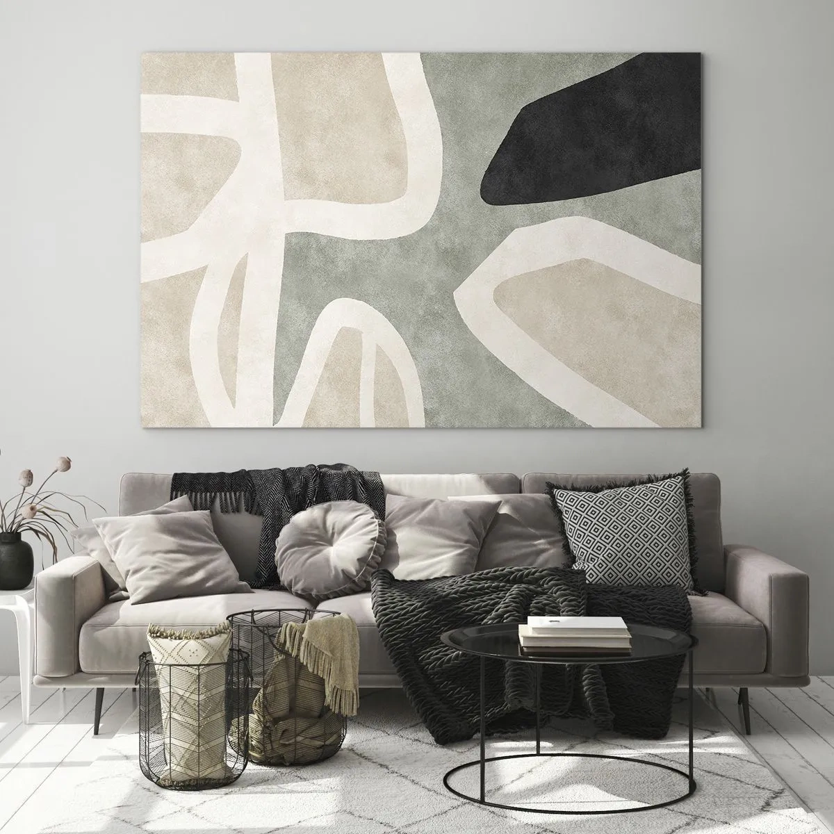 Obraz na skle - Abstraktné tvary v béžovej a zelenej farbe s nádychom čiernej - 70x50cm - Kompozícia s čiernym motívom - Moderná nástenná dekorácia do obývacej izby a spálne ARTTOR