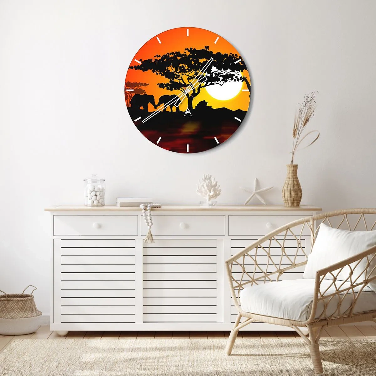 Nástenné hodiny - Africká krajina so siluetami stromov a zvierat pri západe slnka - 30x30cm - Stretnutie na savane - Moderná nástenná dekorácia do obývacej izby, kuchyne a spálne ARTTOR