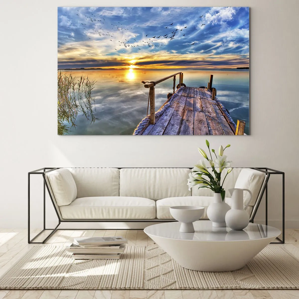 Obraz na skle - Mólo pri jazere pri západe slnka s vtákmi na oblohe - 70x50cm - Vietor ide odpočívať - Moderná nástenná dekorácia do obývacej izby a spálne ARTTOR