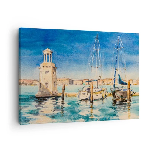 Obraz na plátne - Prístav s loďkami na pozadí modrej lagúny - 70x50cm - Slnečná lagúna - Moderná nástenná dekorácia do obývacej izby a spálne ARTTOR