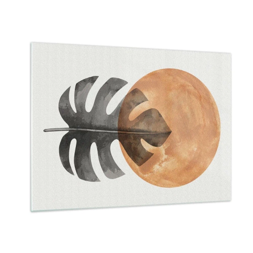 Obraz na skle - List monstery a oranžový kruh v grafickom štýle na bielom pozadí. - 70x50cm - Vždy slnko - Moderná nástenná dekorácia do obývacej izby a spálne ARTTOR