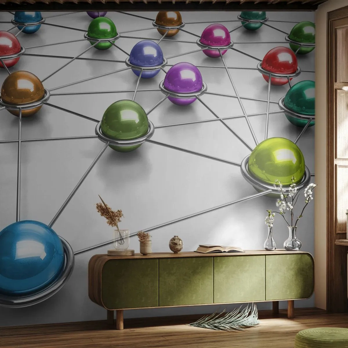 Fototapeta Premium Sand - Vesmírna pavučina - Abstrakcia, Kovové gule, 3D - 150x105 cm