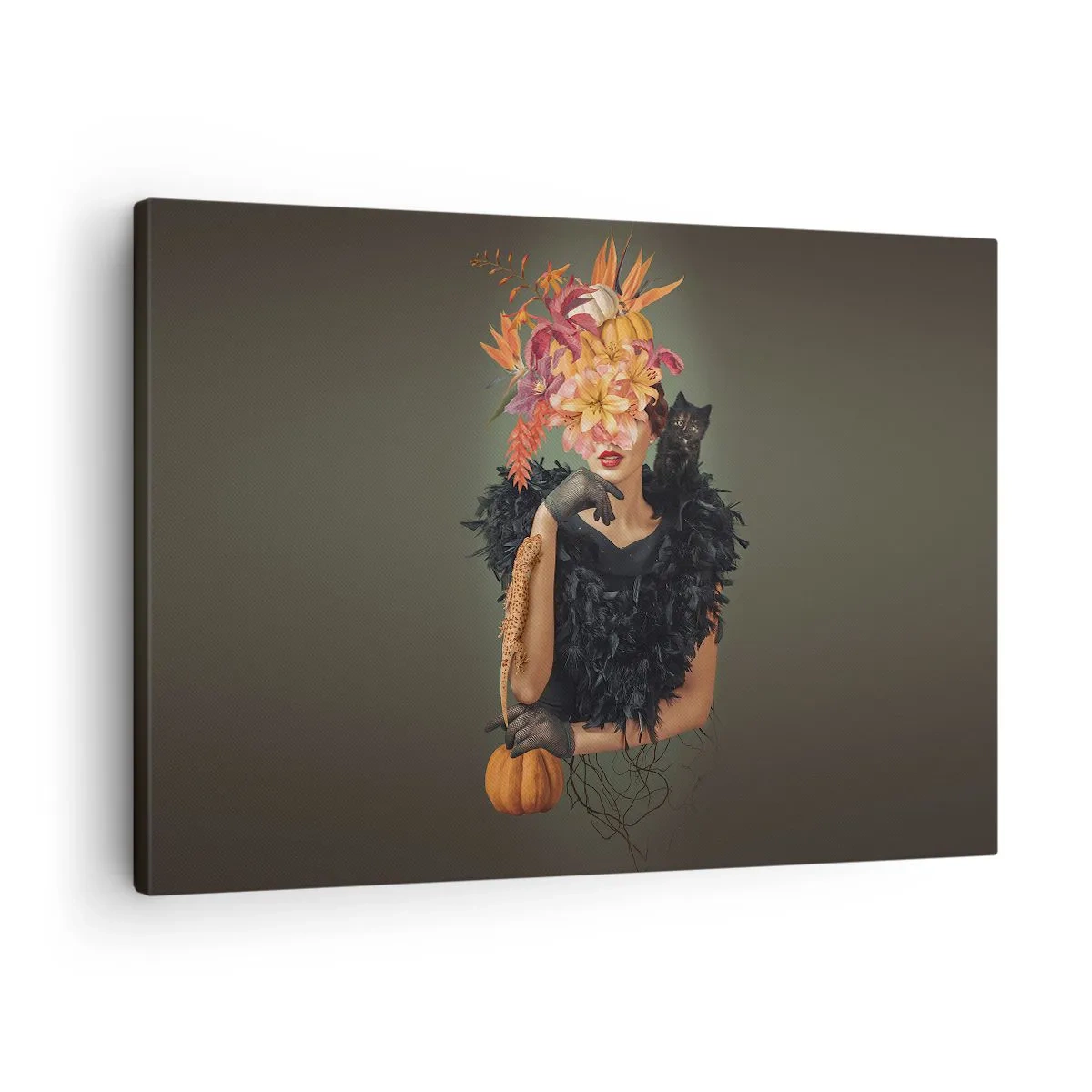 Obraz na plátne - Portrét ženy s jesennými motívmi a mačkou - 70x50cm - Kúzlo čarodejnice - Moderná nástenná dekorácia do obývacej izby a spálne ARTTOR