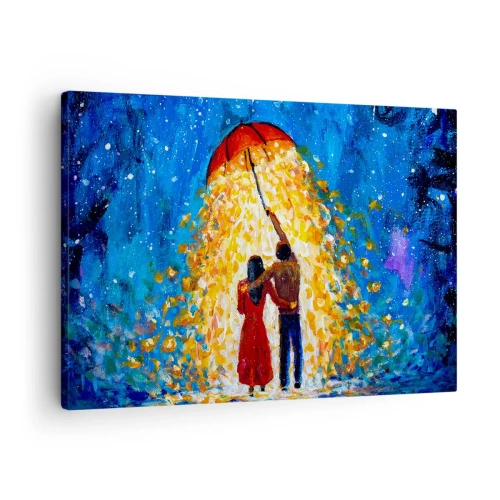 Obraz na plátne - Pár pod červeným dáždnikom v svietiacom daždi - 70x50cm - Mágia daždivého večera? - Moderná nástenná dekorácia do obývacej izby a spálne ARTTOR