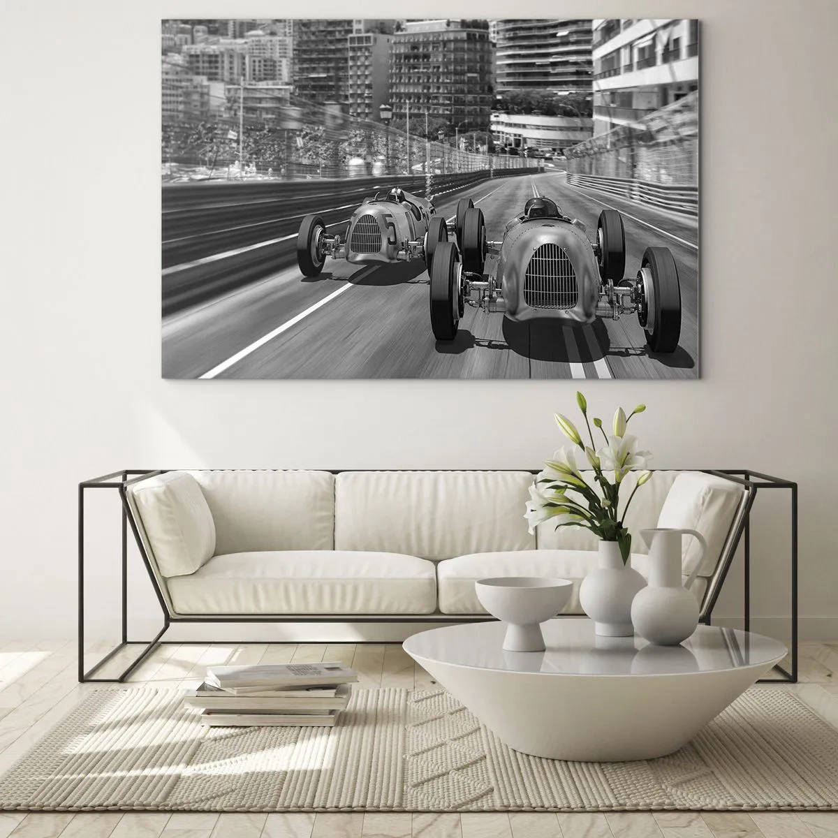 Obraz na skle - Preteky historických áut v čiernobielej farbe - 70x50cm - Kedysi dávno v Monte Carle - Moderná nástenná dekorácia do obývacej izby a spálne ARTTOR