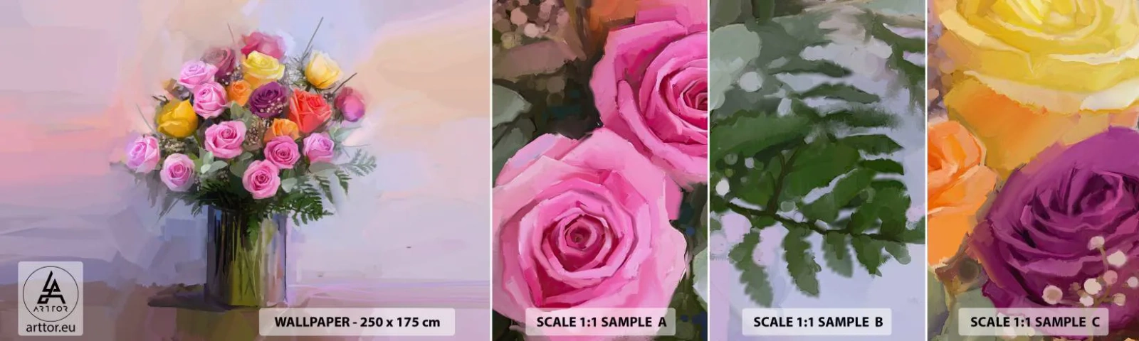 Vzorka samolepiacej fototapety Deluxe Sticker - Zachytená krása - Váza s kvetmi, Kytica kvetov, Kus - 100x30 cm