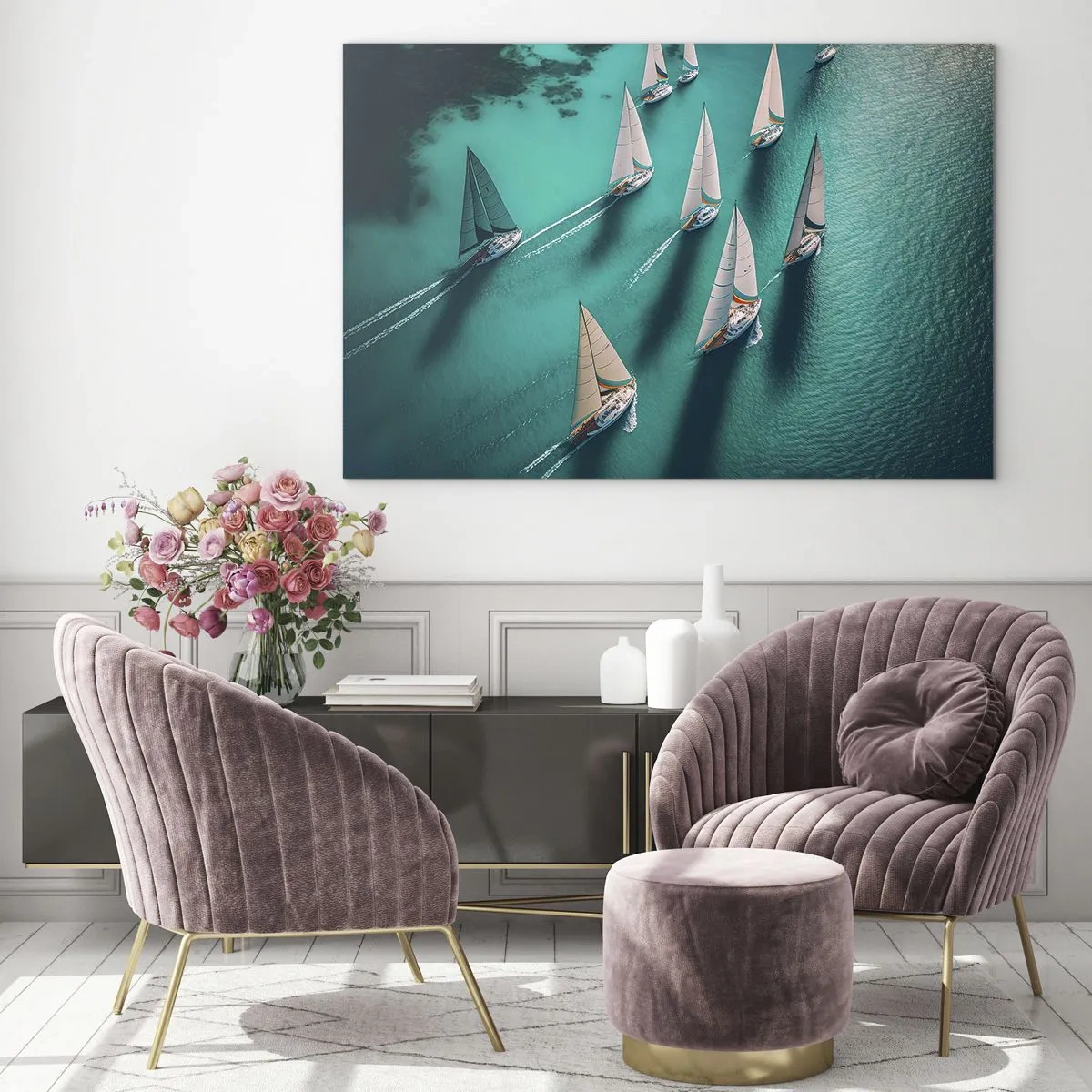 Obraz na skle - Plachetnice na tyrkysovej vode zachytené z vtáčej perspektívy - 70x50cm - Zápasenie s vetrom - Moderná nástenná dekorácia do obývacej izby a spálne ARTTOR