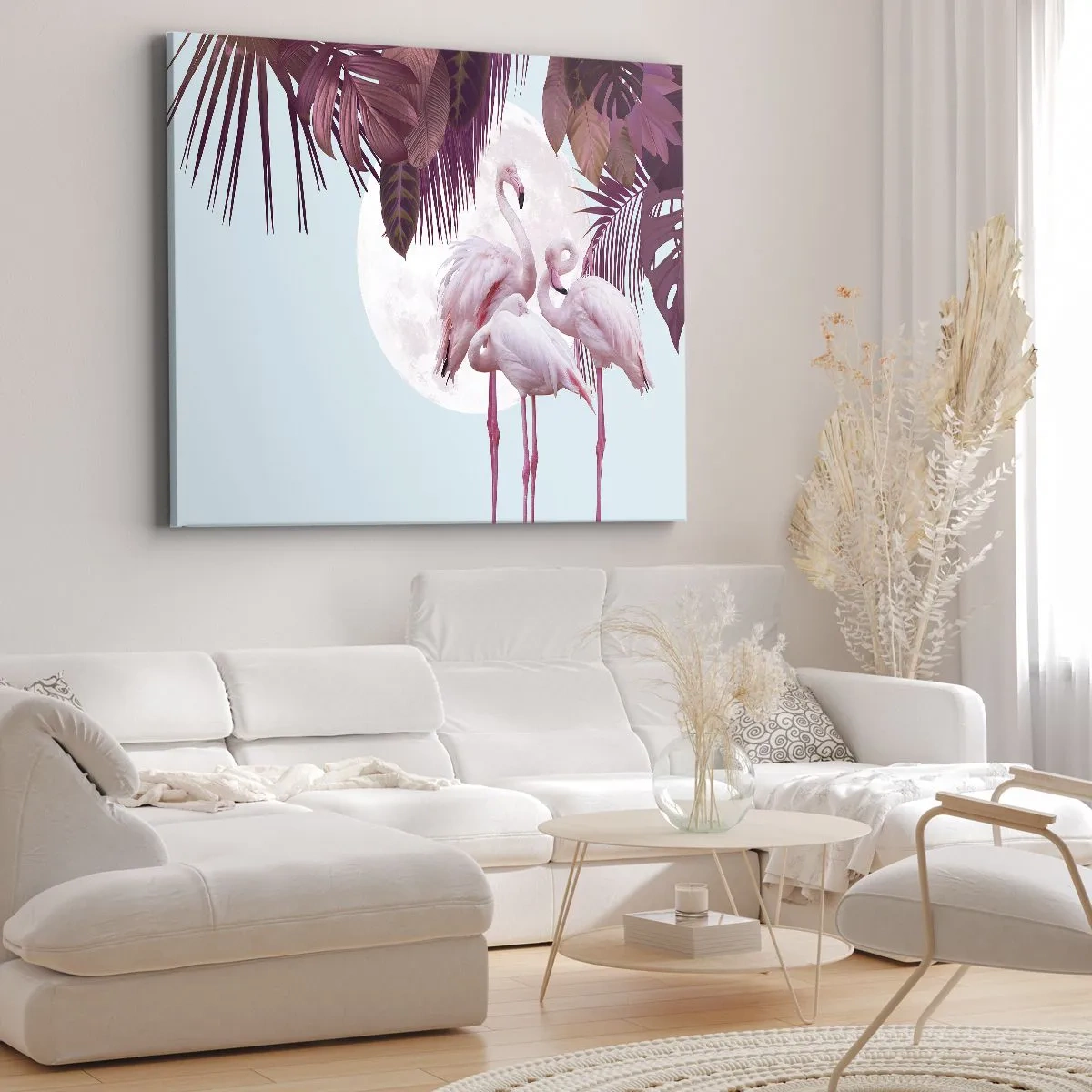 Obraz na plátne - Ružové plameniaky na pozadí mesiaca a tropických listov - 70x50cm - Tri vtáčie grácie - Moderná nástenná dekorácia do obývacej izby a spálne ARTTOR