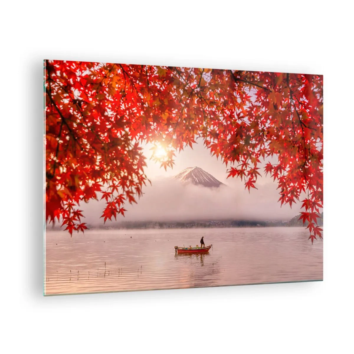 Obraz na skle - Hora Fudži s loďkou na jazere obklopenom červenými listami - 70x50cm - V japonskom štýle - Moderná nástenná dekorácia do obývacej izby a spálne ARTTOR