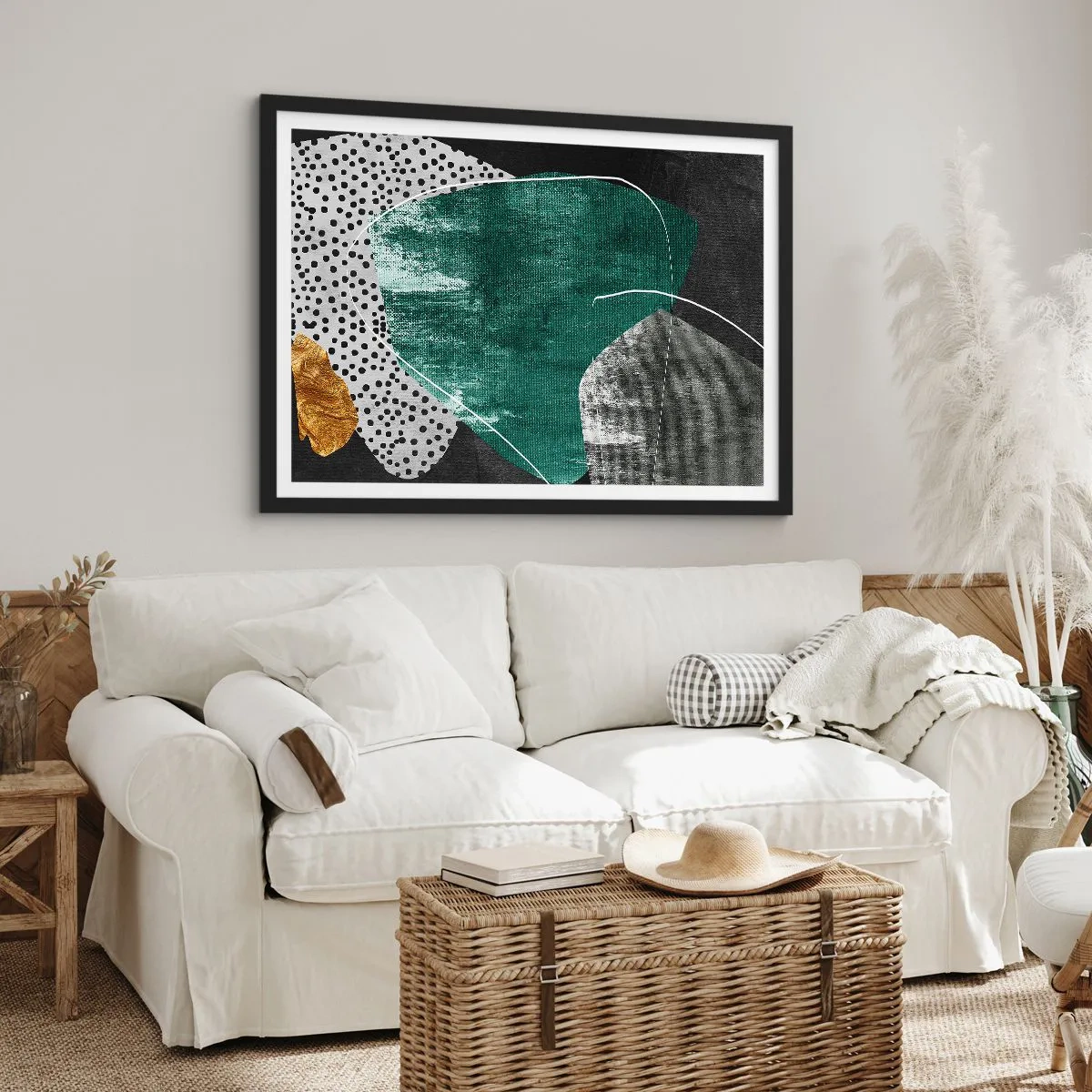 Plagát v čiernom ráme - Farebná abstrakcia so zlatou vločkou - 70x50 cm