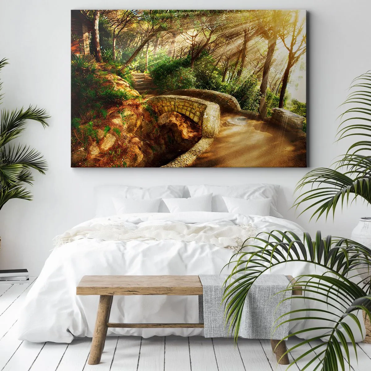 Obraz na plátne - Lesná krajina so slnečnými lúčmi a kamenným mostom - 70x50cm - Priamo z mostíka v rozprávkovom lese - Moderná nástenná dekorácia do obývacej izby a spálne ARTTOR