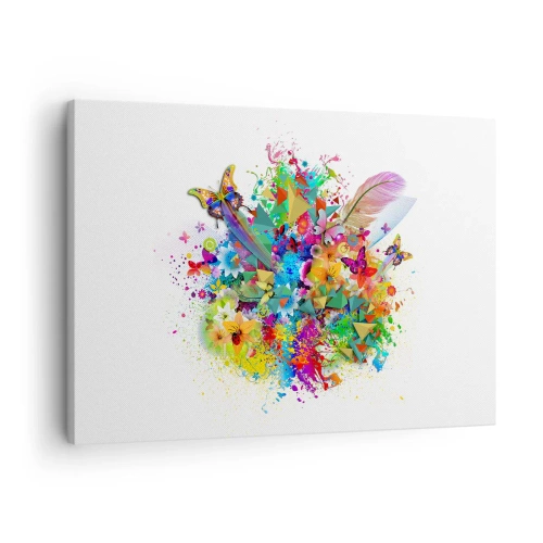 Obraz na plátne - Farebný motív s kvetmi a motýľmi - 70x50cm - Kytica radosti - Moderná nástenná dekorácia do obývacej izby a spálne ARTTOR