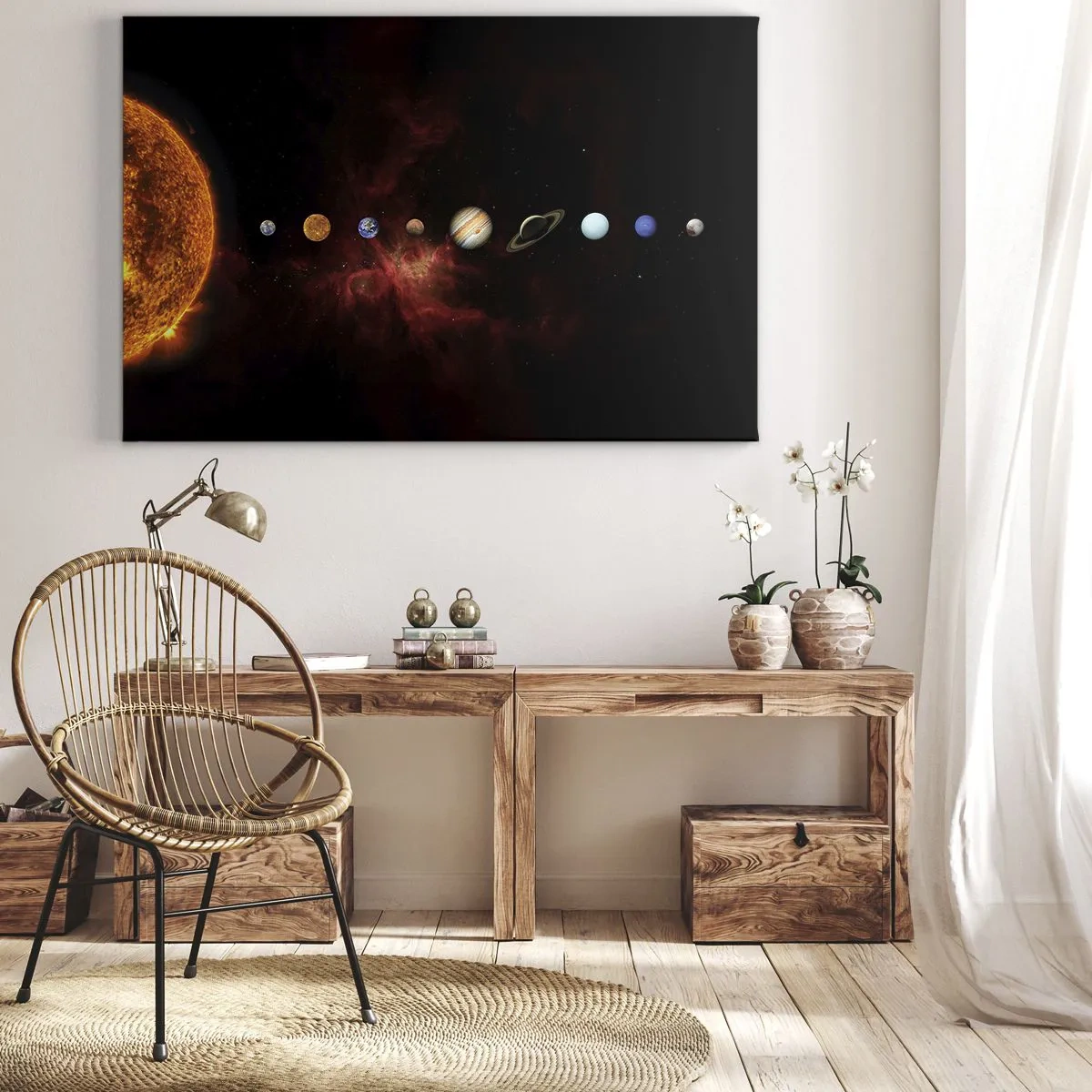 Obraz na plátne - Slnečná sústava s planétami na pozadí vesmíru - 70x50cm - Naša štvrť - Moderná nástenná dekorácia do obývacej izby a spálne ARTTOR