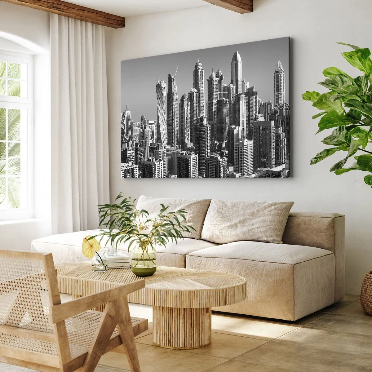 Obraz na plátne - Panoráma moderných mrakodrapov v monochromatických tónoch - 70x50cm - Mesto nad púšťou - Moderná nástenná dekorácia do obývacej izby a spálne ARTTOR
