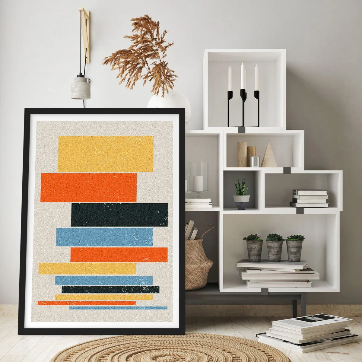 Plagát v čiernom ráme - Farebné geometrické obdĺžniky na svetlom pozadí - 50x70cm - Záznam hudby - Moderná nástenná dekorácia do obývacej izby a spálne ARTTOR