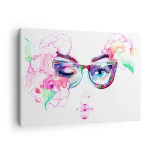 Obraz na plátne - Akvarelová tvár s farebnými okuliarmi a kvetmi - 70x50cm - Zvodný sľub - Moderná nástenná dekorácia do obývacej izby a spálne ARTTOR