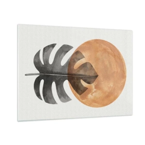 Obraz na skle - List monstery a oranžový kruh v grafickom štýle na bielom pozadí. - 70x50cm - Vždy slnko - Moderná nástenná dekorácia do obývacej izby a spálne ARTTOR