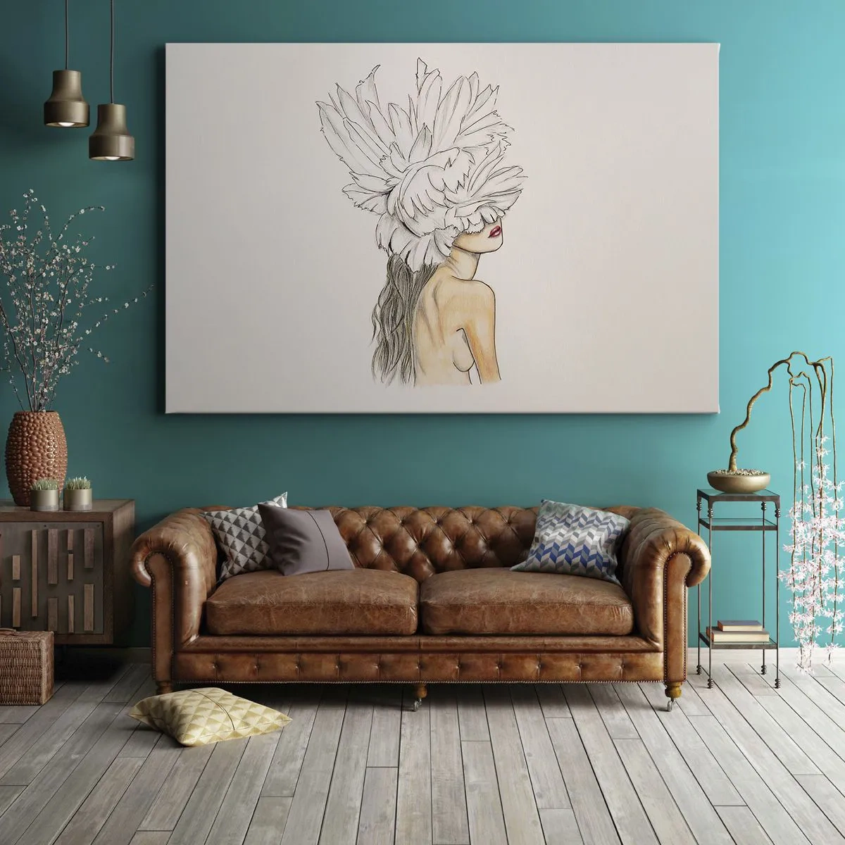 Obraz na plátne - Portrét ženy s perovou výzdobou v umeleckom štýle - 70x50cm - Vrchol krásy - Moderná nástenná dekorácia do obývacej izby a spálne ARTTOR